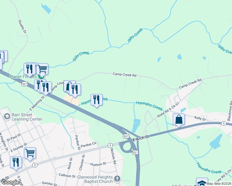 map of restaurants, bars, coffee shops, grocery stores, and more near 1282 Camp Creek Road in Lancaster