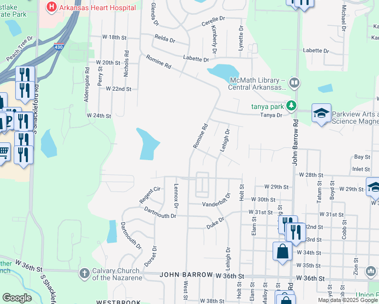 map of restaurants, bars, coffee shops, grocery stores, and more near 2604 Romine Road in Little Rock