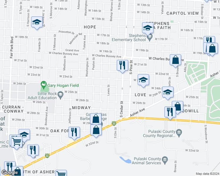 map of restaurants, bars, coffee shops, grocery stores, and more near 4123 West 24th Street in Little Rock