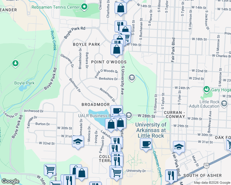 map of restaurants, bars, coffee shops, grocery stores, and more near 15 Woodcliff Circle in Little Rock