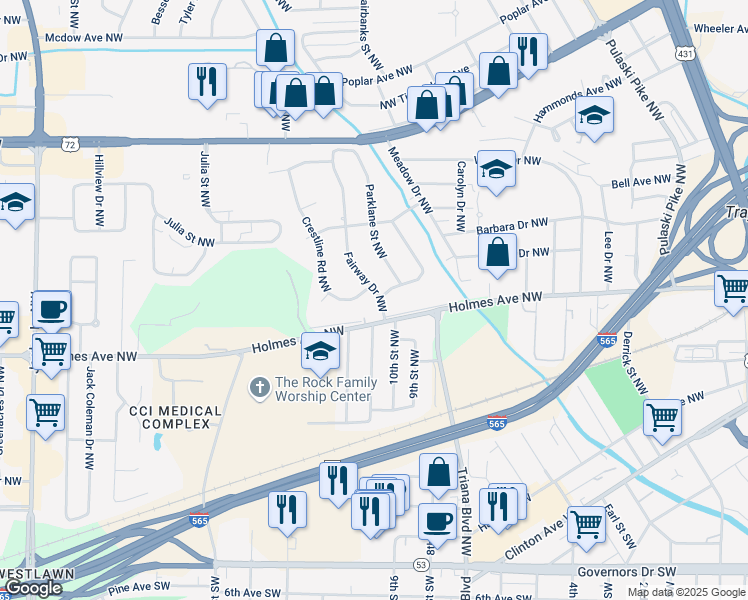 map of restaurants, bars, coffee shops, grocery stores, and more near 807 Fairway Drive Northwest in Huntsville