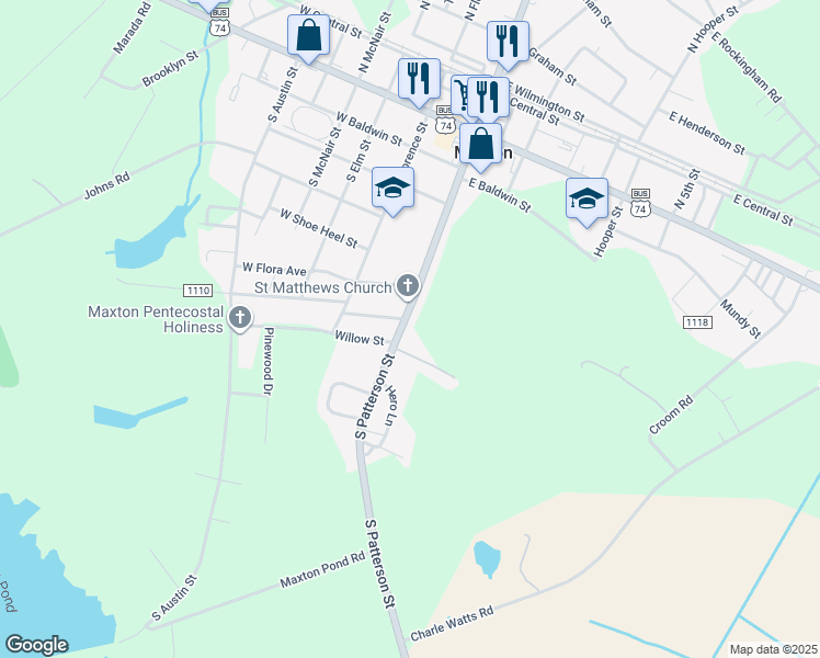 map of restaurants, bars, coffee shops, grocery stores, and more near 701 South Patterson Street in Maxton