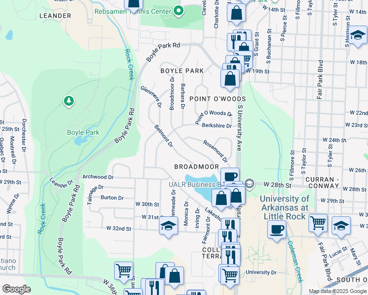 map of restaurants, bars, coffee shops, grocery stores, and more near 42 Broadmoor Drive in Little Rock