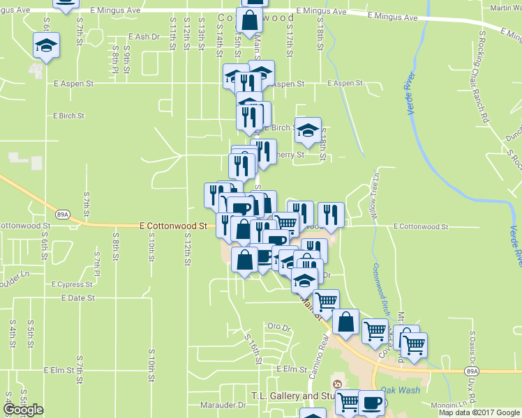 map of restaurants, bars, coffee shops, grocery stores, and more near South Main Street in Cottonwood
