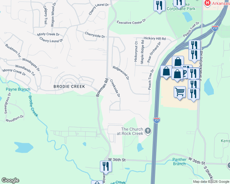 map of restaurants, bars, coffee shops, grocery stores, and more near 2 Summer Ridge Court in Little Rock