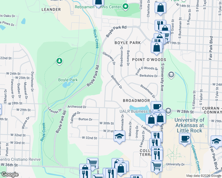 map of restaurants, bars, coffee shops, grocery stores, and more near 14 Berkshire Drive in Little Rock