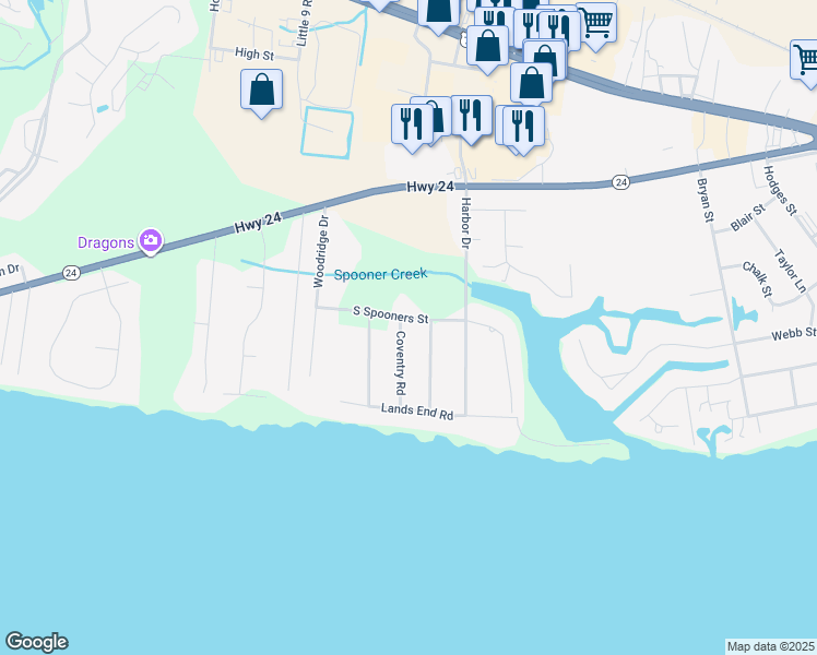 map of restaurants, bars, coffee shops, grocery stores, and more near 214 Coventry Road in Morehead City