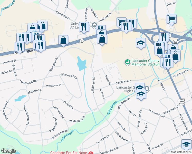 map of restaurants, bars, coffee shops, grocery stores, and more near 631 Gillsbrook Road in Lancaster