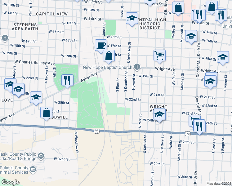 map of restaurants, bars, coffee shops, grocery stores, and more near 2102 South Rice Street in Little Rock