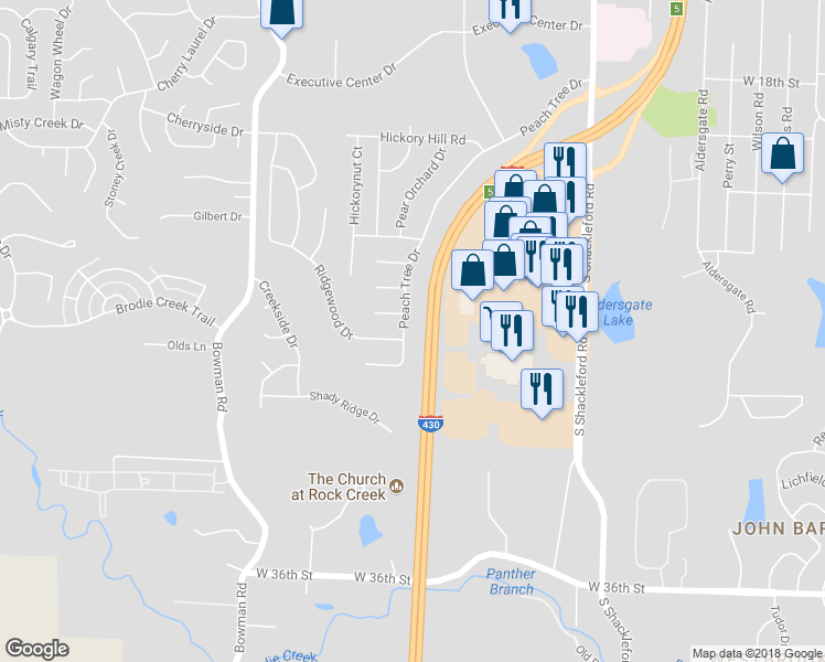 map of restaurants, bars, coffee shops, grocery stores, and more near 2815 Peach Tree Dr in Little Rock