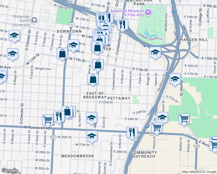 map of restaurants, bars, coffee shops, grocery stores, and more near 2003 Scott Street in Little Rock