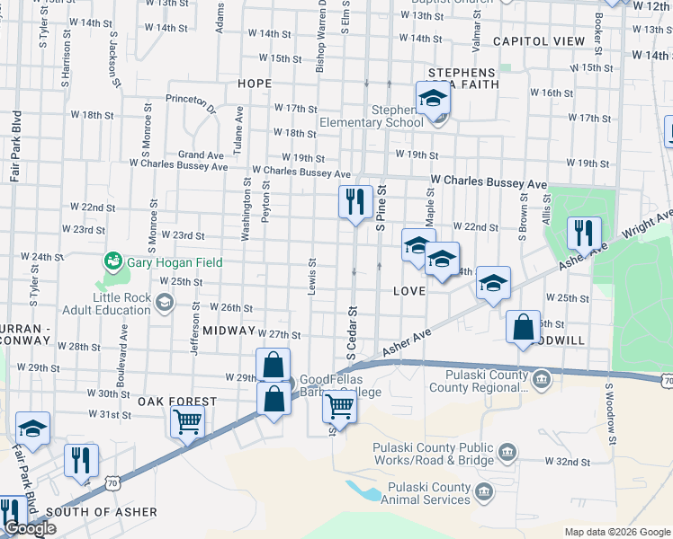 map of restaurants, bars, coffee shops, grocery stores, and more near 2400 South Cedar Street in Little Rock