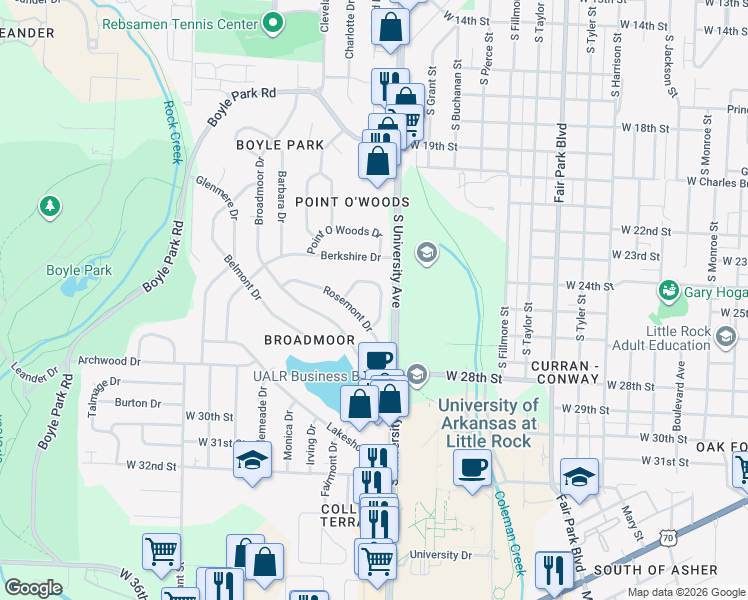 map of restaurants, bars, coffee shops, grocery stores, and more near 15 Woodcliff Circle in Little Rock
