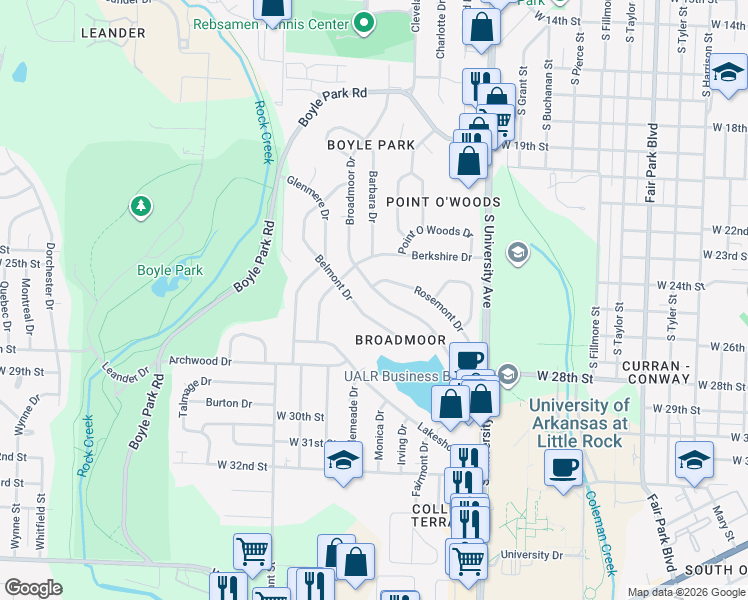 map of restaurants, bars, coffee shops, grocery stores, and more near 42 Broadmoor Drive in Little Rock