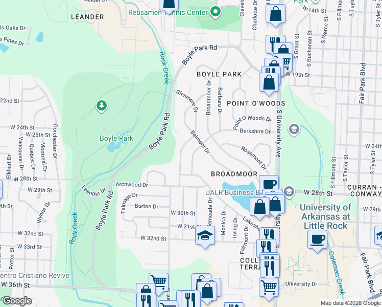 map of restaurants, bars, coffee shops, grocery stores, and more near 14 Berkshire Drive in Little Rock