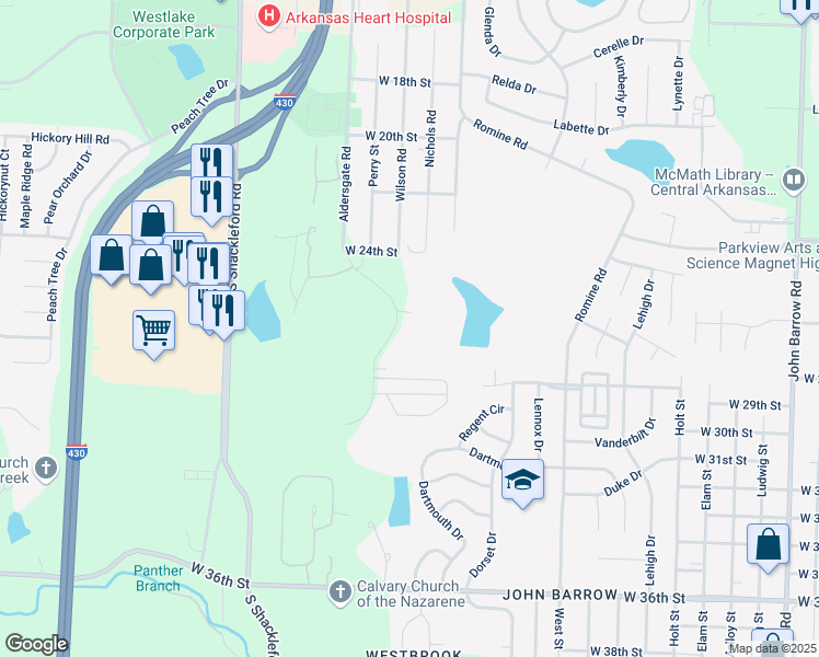 map of restaurants, bars, coffee shops, grocery stores, and more near 2701 Aldersgate Road in Little Rock