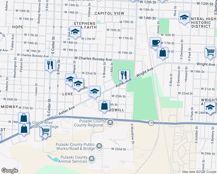 map of restaurants, bars, coffee shops, grocery stores, and more near 3218 Asher Avenue in Little Rock