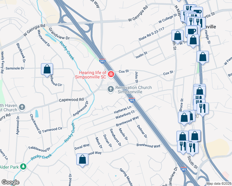 map of restaurants, bars, coffee shops, grocery stores, and more near 611 Richardson Street in Simpsonville