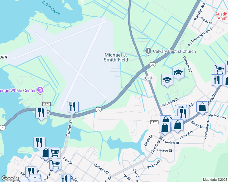 map of restaurants, bars, coffee shops, grocery stores, and more near Beaufort Bypass Road in Beaufort
