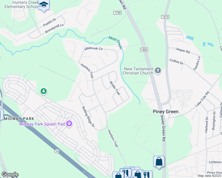 map of restaurants, bars, coffee shops, grocery stores, and more near 2445 Saddleridge Drive in Piney Green