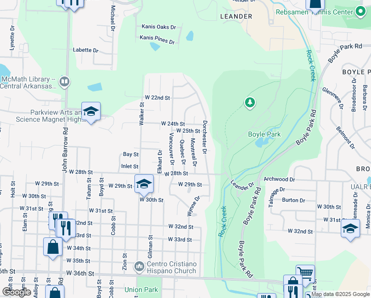 map of restaurants, bars, coffee shops, grocery stores, and more near 2601 Quebec Drive in Little Rock