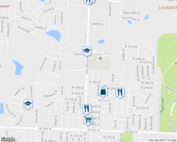 map of restaurants, bars, coffee shops, grocery stores, and more near 2601 John Barrow Road in Little Rock