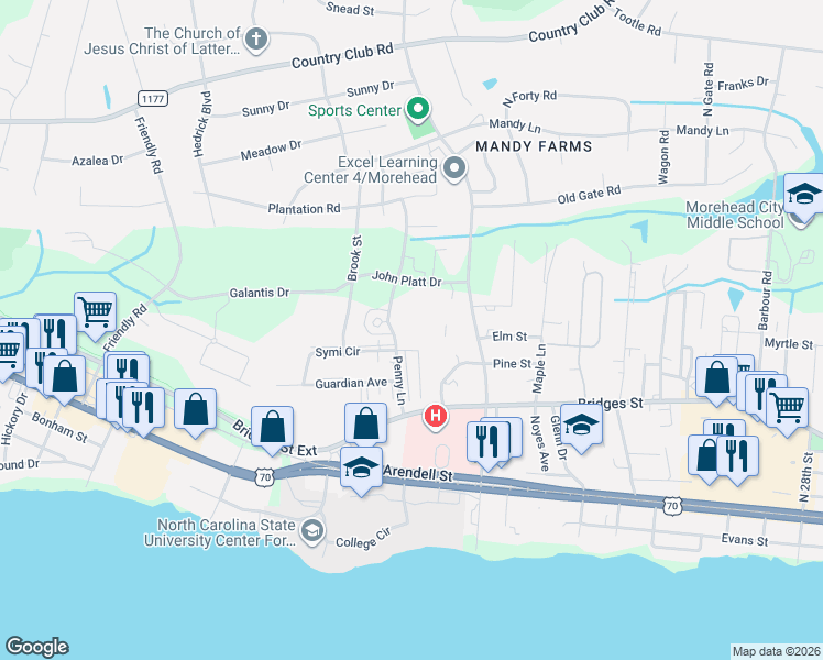 map of restaurants, bars, coffee shops, grocery stores, and more near 404 Penny Lane in Morehead City