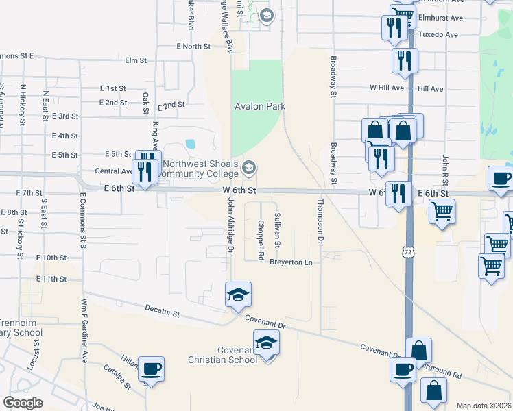 map of restaurants, bars, coffee shops, grocery stores, and more near 100 Chappell Road in Muscle Shoals