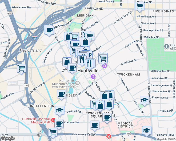 map of restaurants, bars, coffee shops, grocery stores, and more near in Huntsville