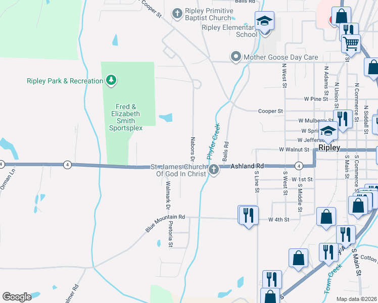 map of restaurants, bars, coffee shops, grocery stores, and more near 308 Nabors Drive in Ripley