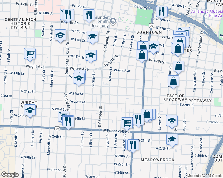 map of restaurants, bars, coffee shops, grocery stores, and more near 2005 South Izard Street in Little Rock