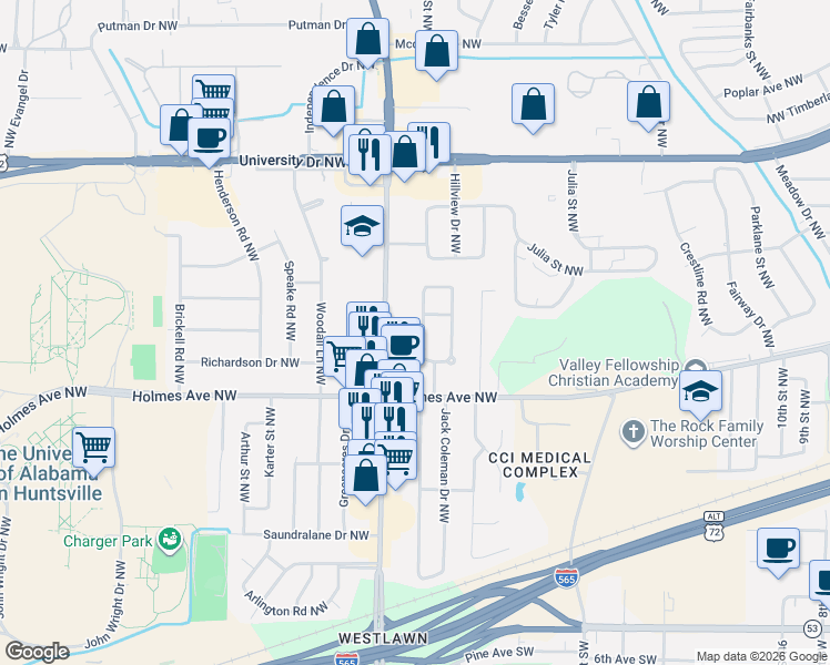 map of restaurants, bars, coffee shops, grocery stores, and more near 707 Killarney Drive Northwest in Huntsville