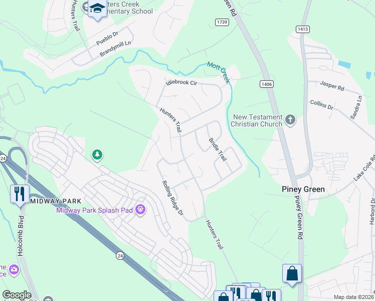 map of restaurants, bars, coffee shops, grocery stores, and more near 2457 Saddleridge Drive in Piney Green