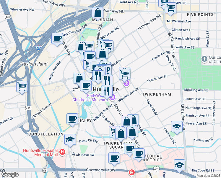 map of restaurants, bars, coffee shops, grocery stores, and more near 114 Southside Square in Huntsville
