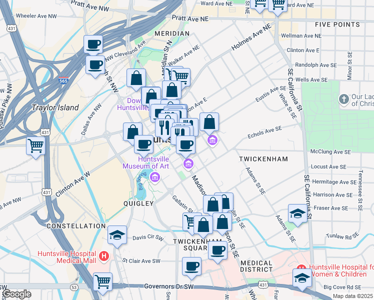 map of restaurants, bars, coffee shops, grocery stores, and more near 116 Southside Square in Huntsville
