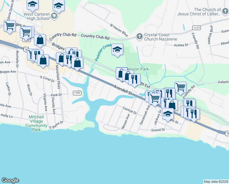 map of restaurants, bars, coffee shops, grocery stores, and more near 4425 Arendell Street in Morehead City