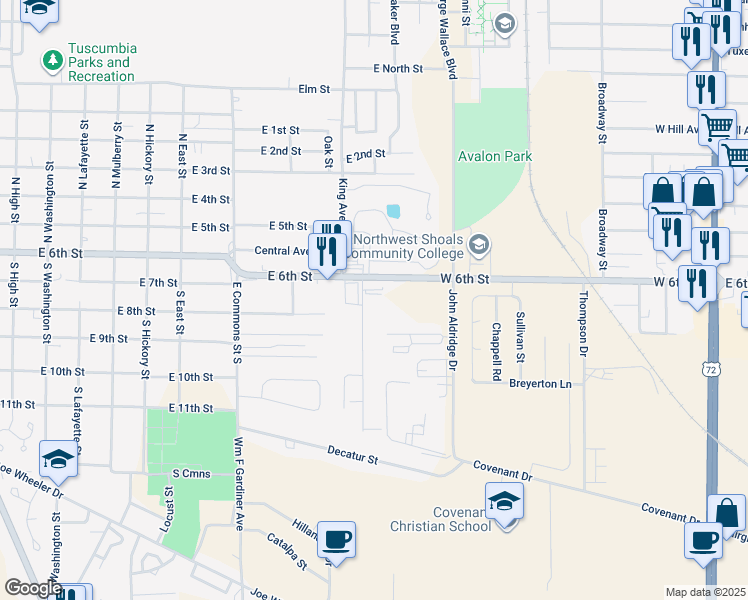 map of restaurants, bars, coffee shops, grocery stores, and more near 201 Gann Boulevard in Tuscumbia