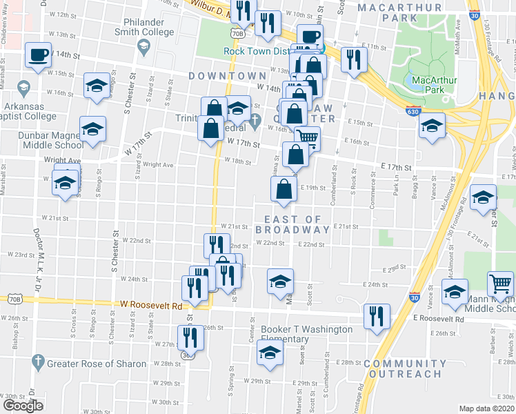 map of restaurants, bars, coffee shops, grocery stores, and more near in Little Rock