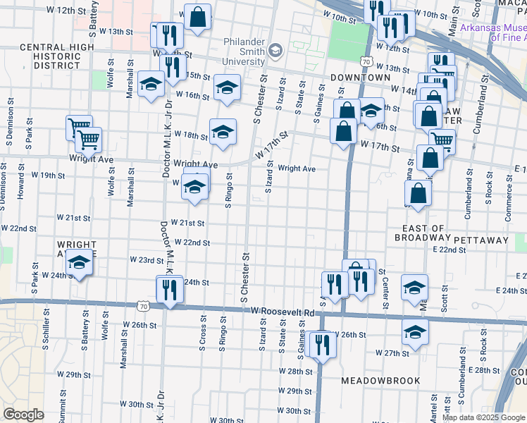map of restaurants, bars, coffee shops, grocery stores, and more near 2005 South Izard Street in Little Rock