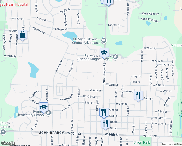 map of restaurants, bars, coffee shops, grocery stores, and more near 8903 Sage Meadows Drive in Little Rock