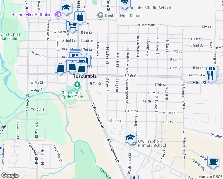 map of restaurants, bars, coffee shops, grocery stores, and more near 401-499 East 8th Street in Tuscumbia