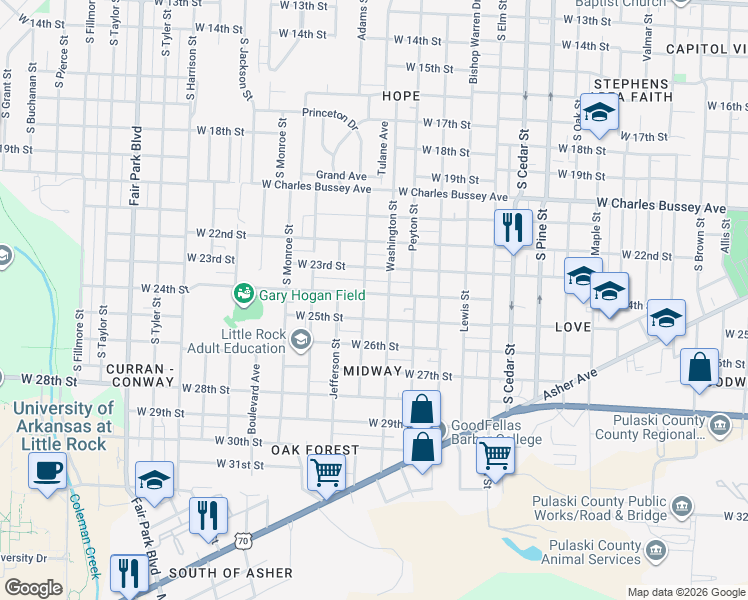 map of restaurants, bars, coffee shops, grocery stores, and more near 4521 West 24th Street in Little Rock