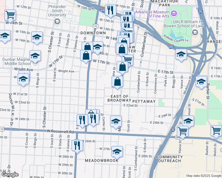 map of restaurants, bars, coffee shops, grocery stores, and more near in Little Rock