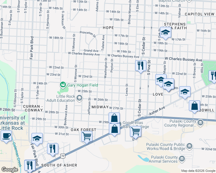 map of restaurants, bars, coffee shops, grocery stores, and more near 4415 West 24th Street in Little Rock