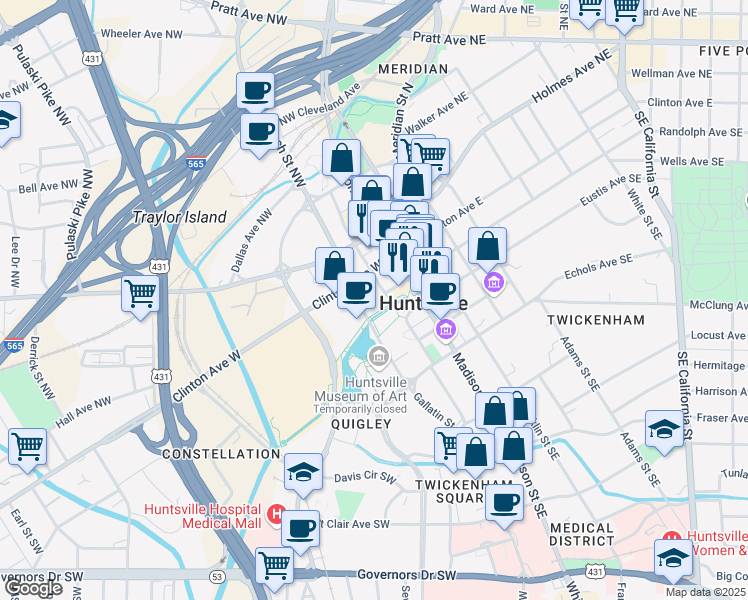 map of restaurants, bars, coffee shops, grocery stores, and more near 112 Spragins Street Northwest in Huntsville