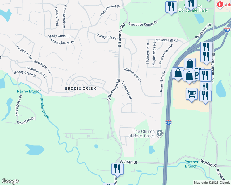 map of restaurants, bars, coffee shops, grocery stores, and more near 12 Summer Ridge Court in Little Rock