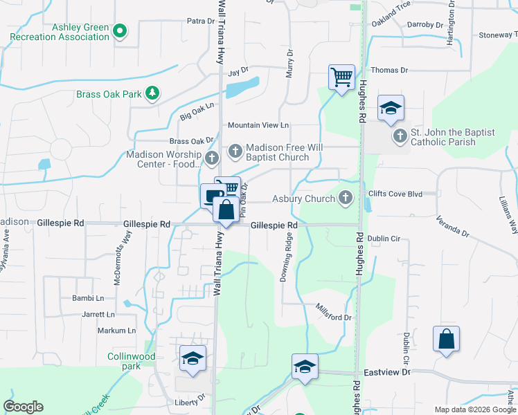 map of restaurants, bars, coffee shops, grocery stores, and more near 174 Water Oak Drive in Madison
