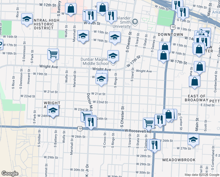 map of restaurants, bars, coffee shops, grocery stores, and more near 1101 West 20th Street in North Little Rock