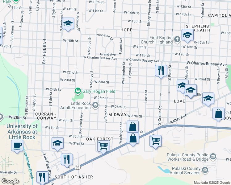 map of restaurants, bars, coffee shops, grocery stores, and more near 4521 West 24th Street in Little Rock