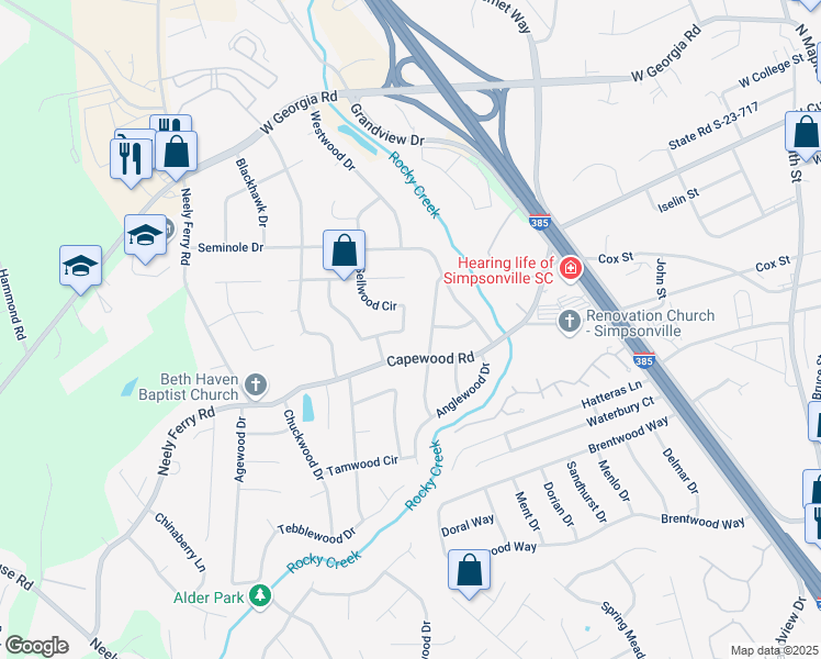 map of restaurants, bars, coffee shops, grocery stores, and more near 425 Sellwood Circle in Simpsonville